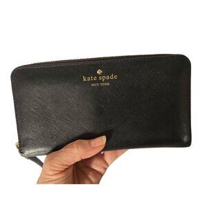 Kate Spade Continental BLACK/CREAM Zip Around Leather Wallet Gold Polka Dots